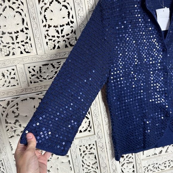 Talbots NWT Navy Blue Handknit Sequin Collared Button Up Cardigan Sz XL - Picture 4 of 8